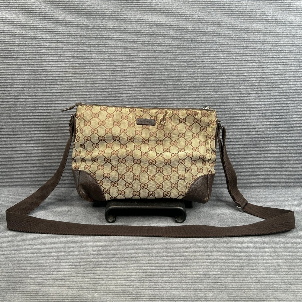 Gucci GG Monogram Canvas Crossbody Bag Brown Leather Trim Vintage Italy